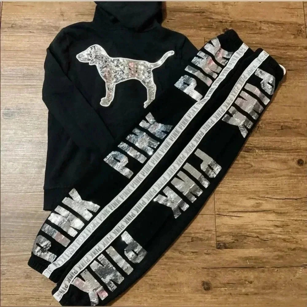 PINK VICTORIA’S SECRET BLING DOG HOODIE/ JOGGERS OUTFIT  S